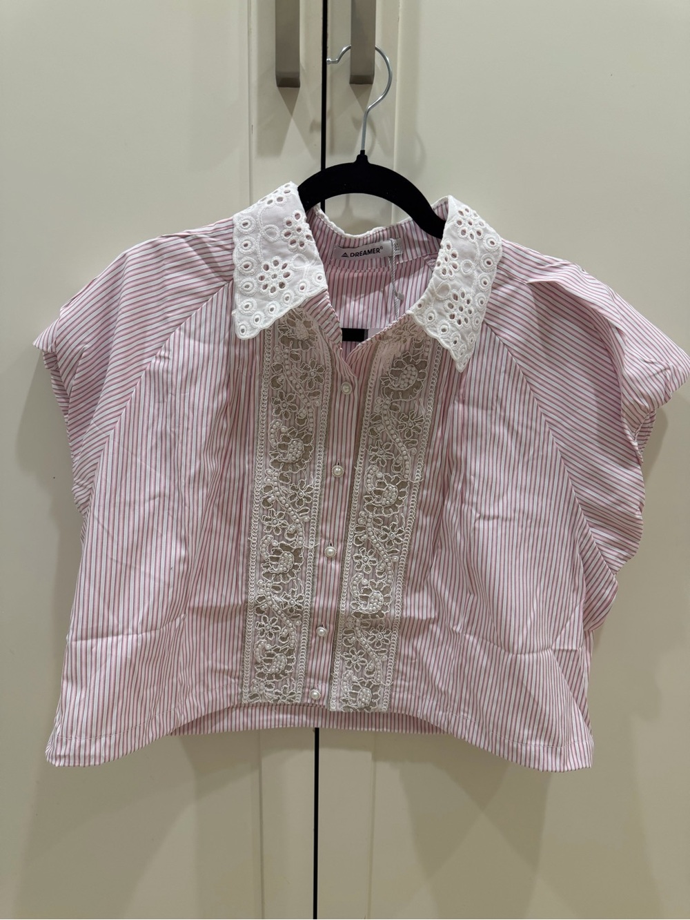 Dreamers Pink and White Striped Eyelet-Collar Beaded Lace Button-Down